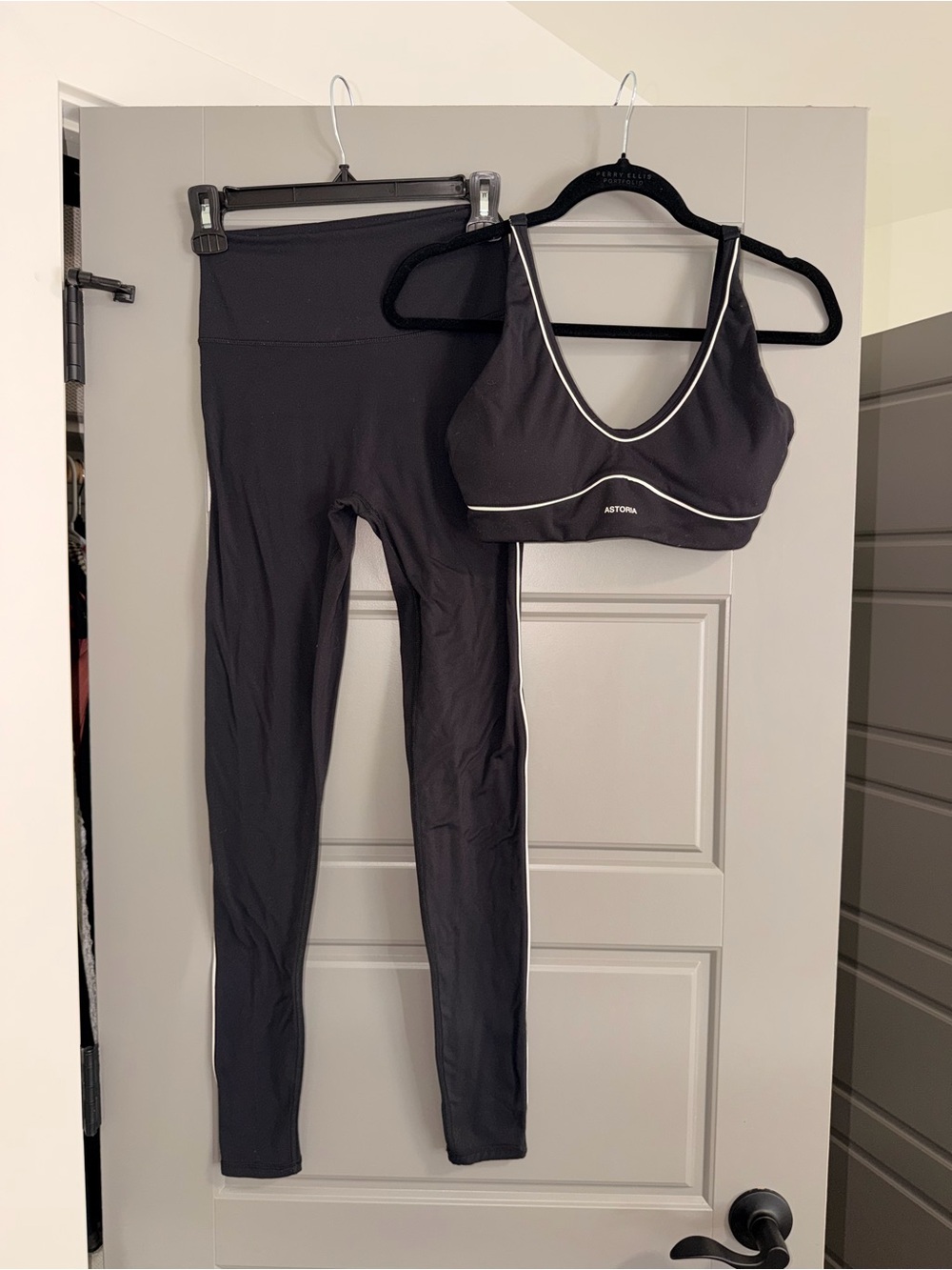 Astoria Black with White Stripe V‑Neck Sports Bra and High‑Waist Leggings Set